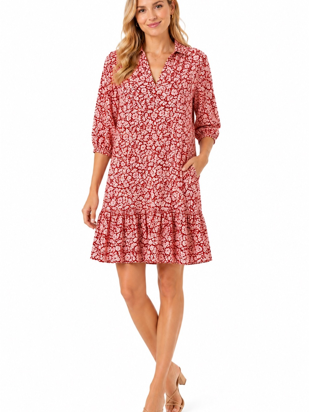 Red Floral Collared V-Neck Ruffle-Hem Boho Dress - 0961